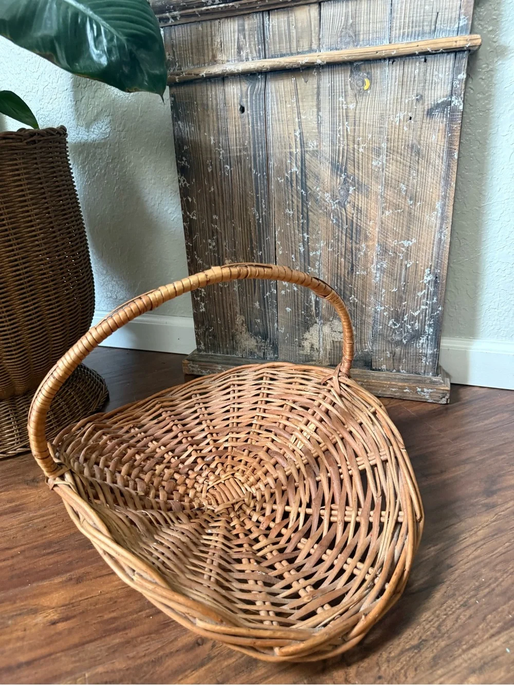 Large Mid Century French Style Flower Gathering Wicker Basket with Handle